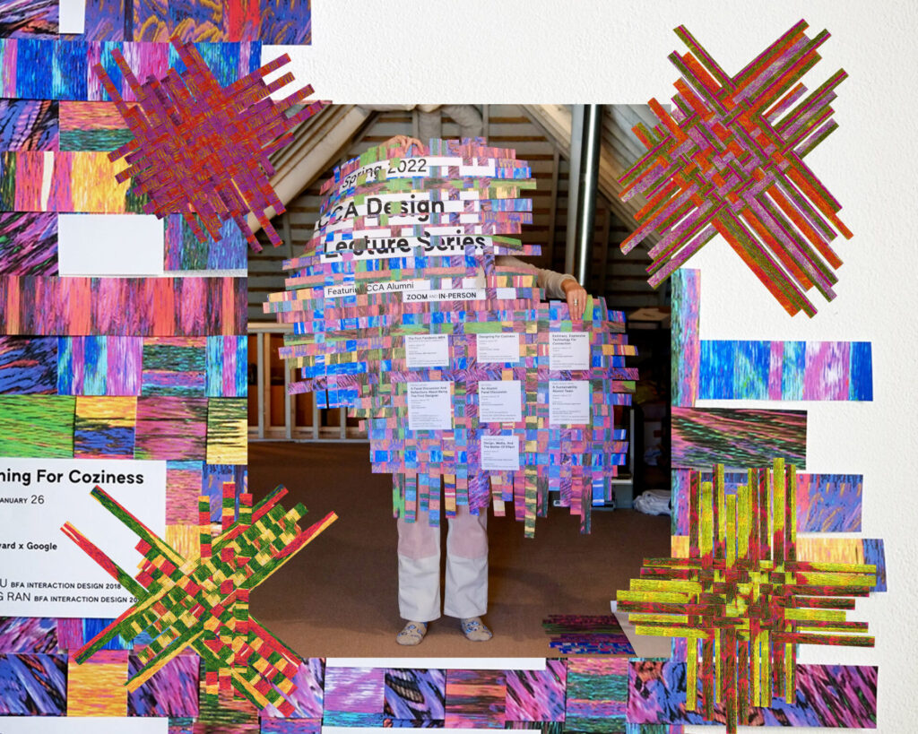 A collage of images featuring a poster made of woven strips of colorful paper